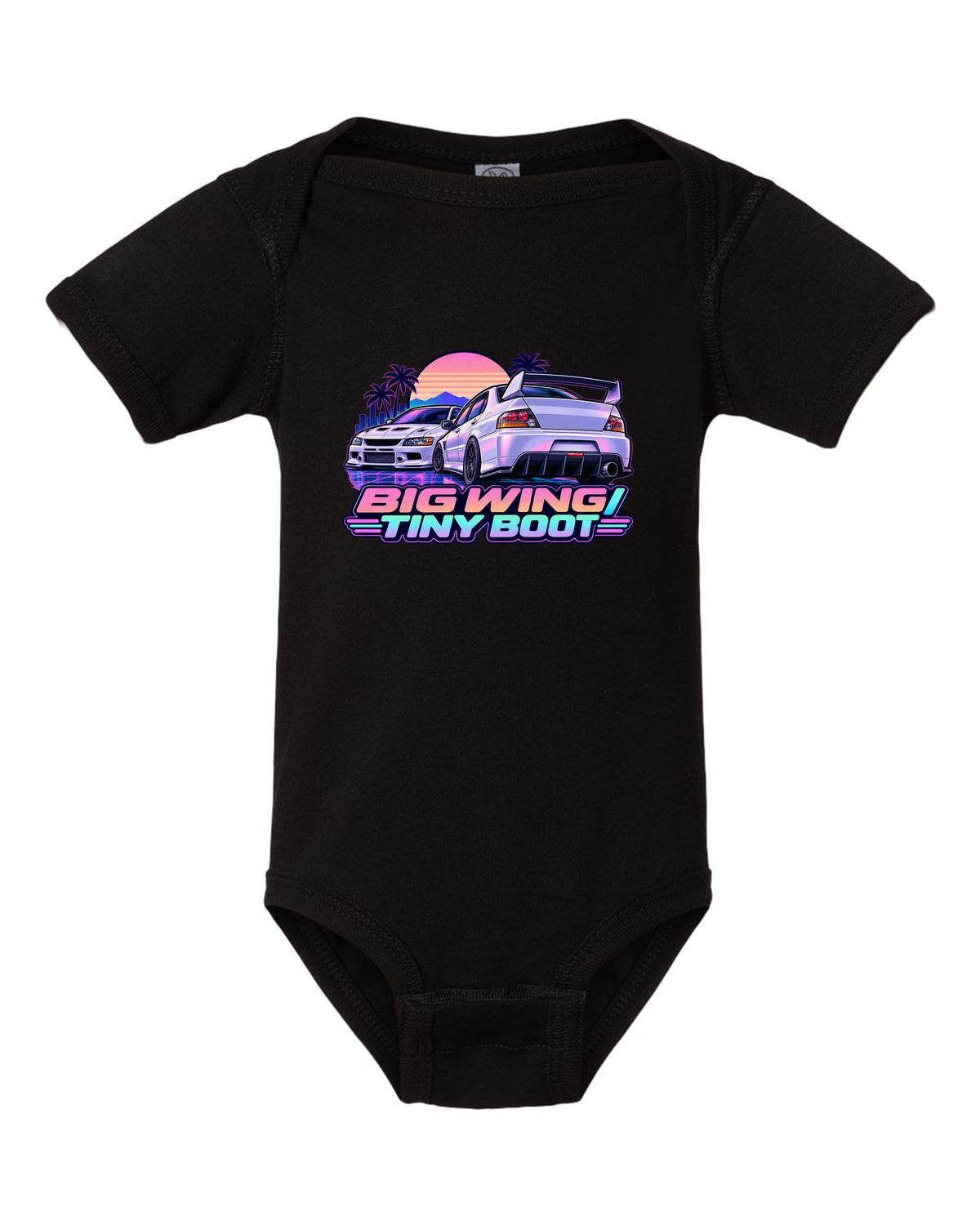 Vaporwave pastel print of the Mitsubishi Evo IX CT9A with big wing tiny boot text black baby onesie front view with the design