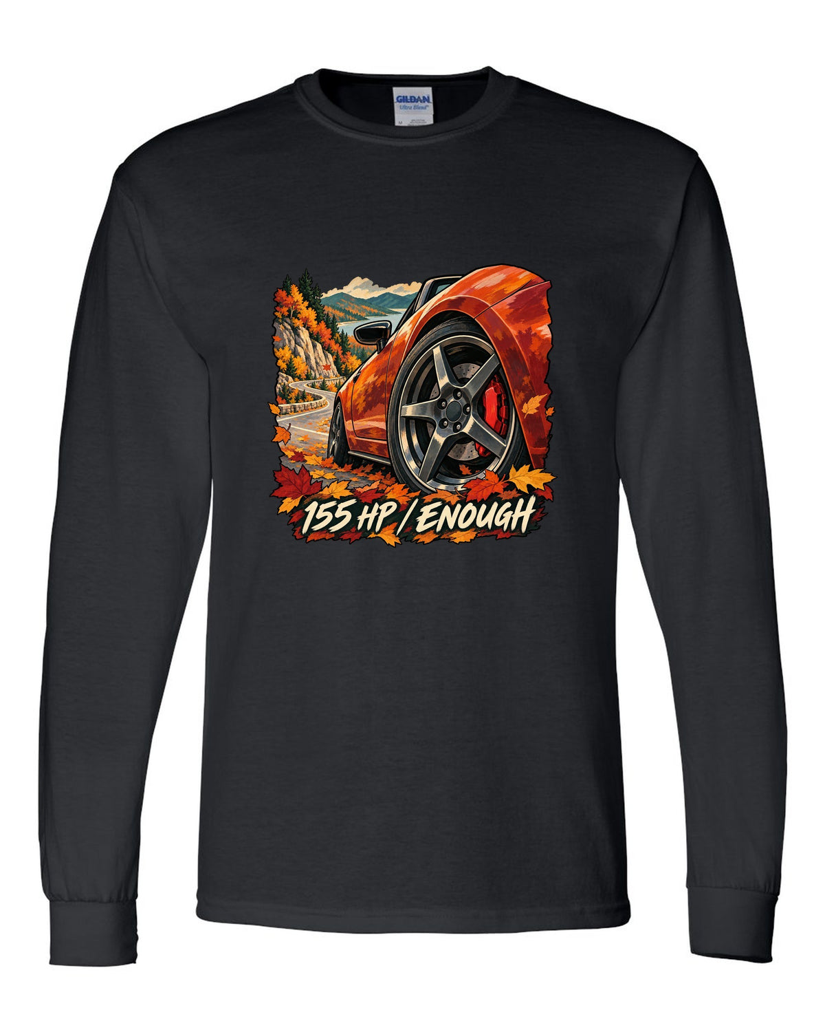 Painterly gouache illustration of a Mazda MX-5 ND on an autumn road with 155 HP / ENOUGH lettering black long sleeve front view with the design