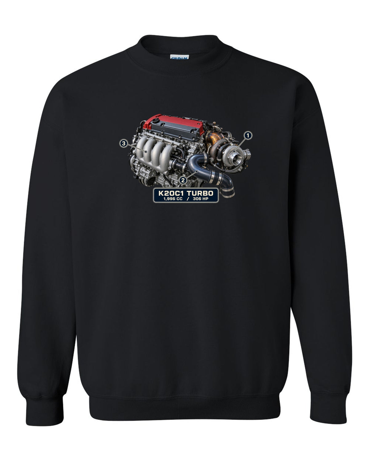 print engine illustration of the Honda Civic Type R FK8 K20C1 turbo engine black crewneck front view with the design