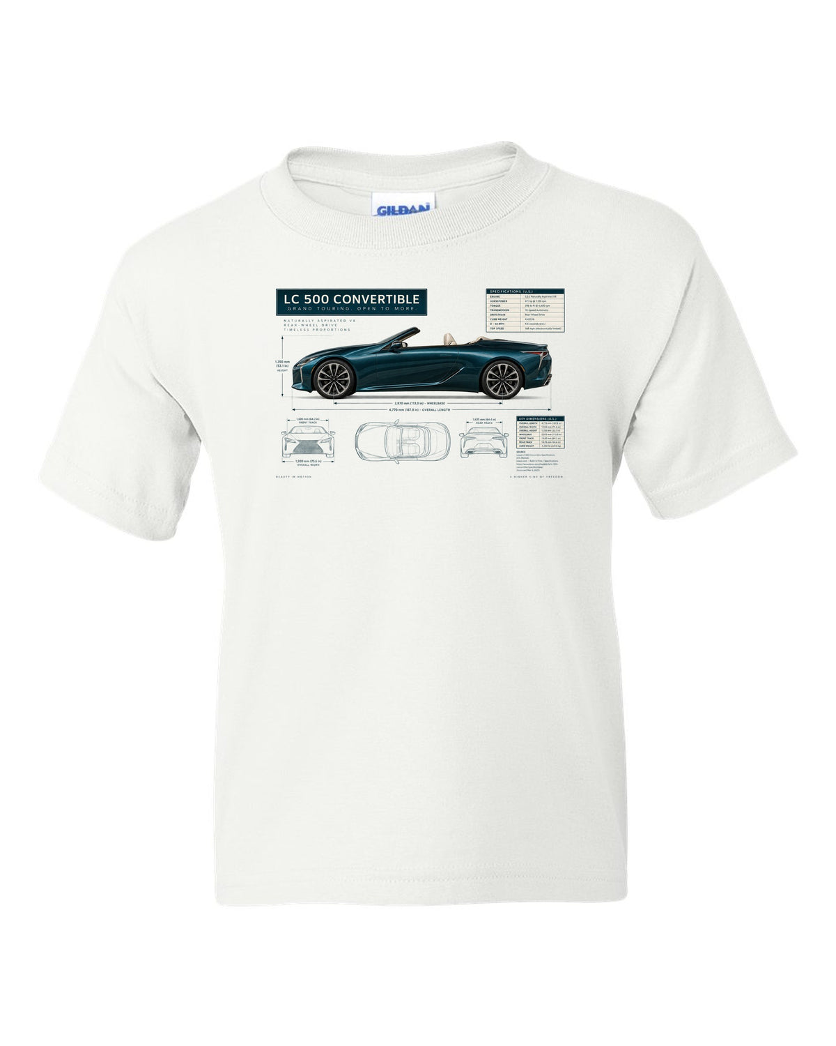 Dimension blueprint of the Lexus RC F with engine code and power figure white kids tee front view with the design