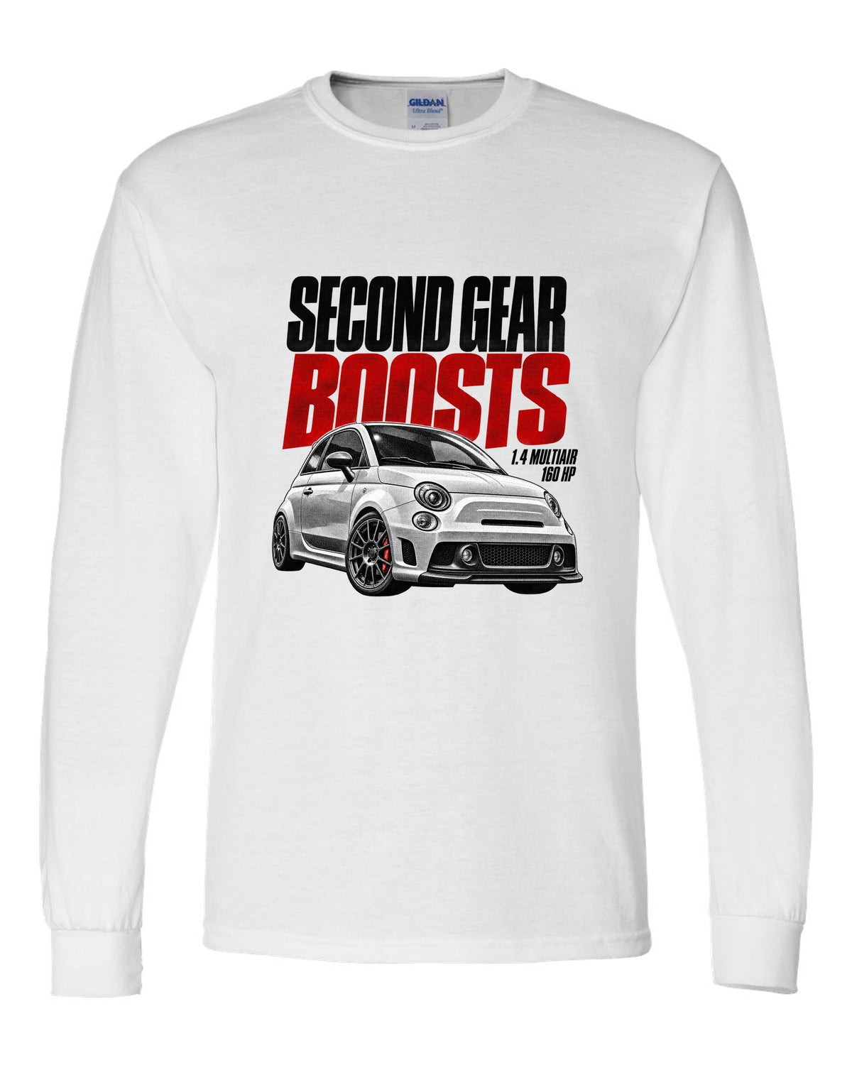 Halftone print of a Fiat 500 Abarth with 1.4 MultiAir and 160 HP text white long sleeve front view with the design