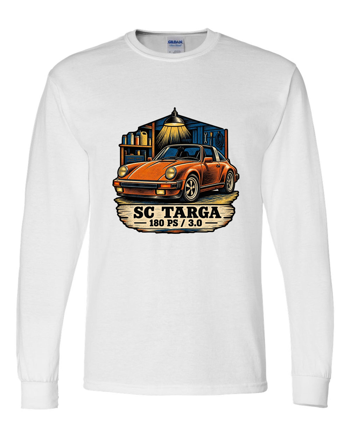 Blueprint line art print of a Porsche 356 A 1.6 L flat-four engine with the text 1600, 60 HP and fan on top white long sleeve front view with the design