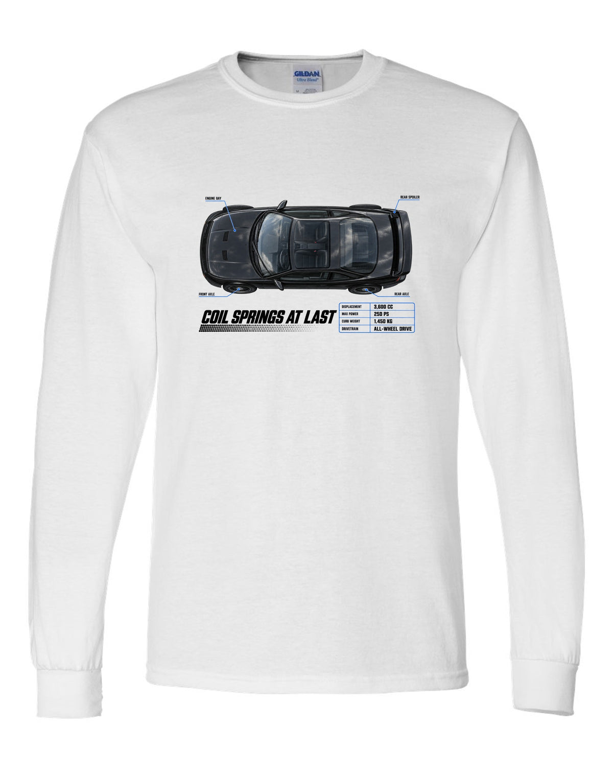 Top-down spec poster print of a Porsche 911 Carrera 4 (964) with the headline Coil Springs At Last white long sleeve front view with the design