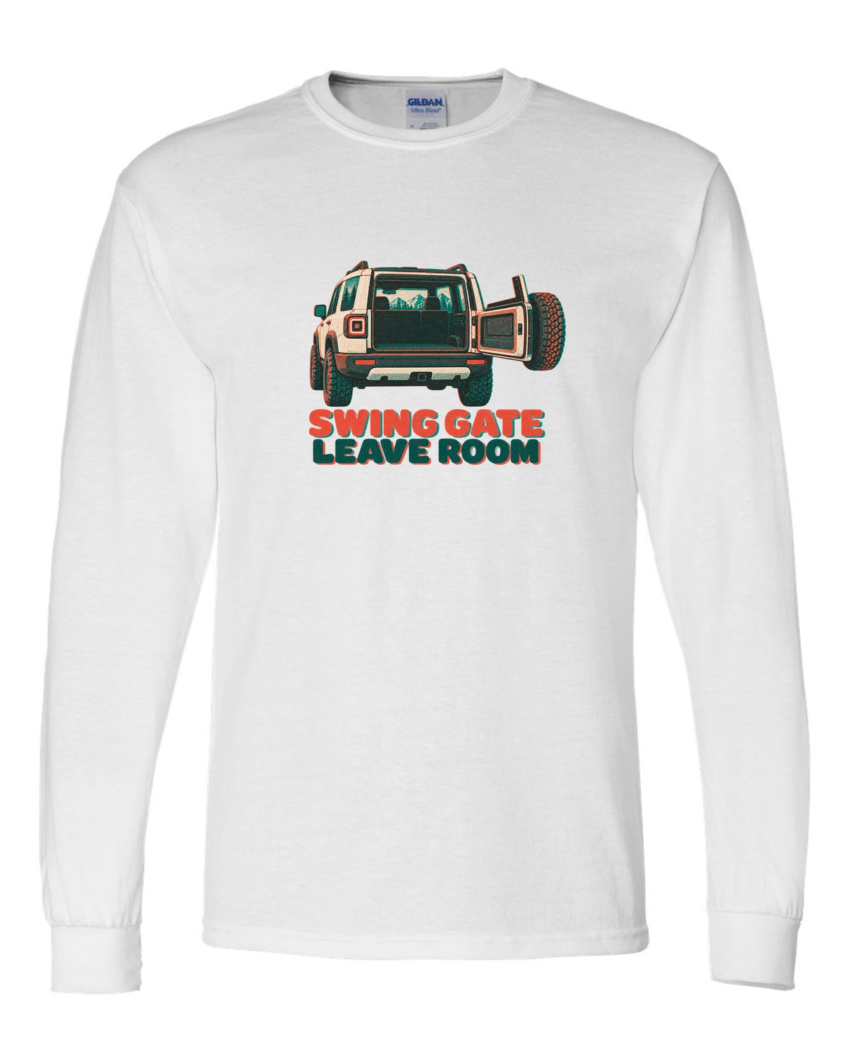 Risograph-style rear view of a Land Rover Defender L663 110 with spare wheel on the swing gate white long sleeve front view with the design