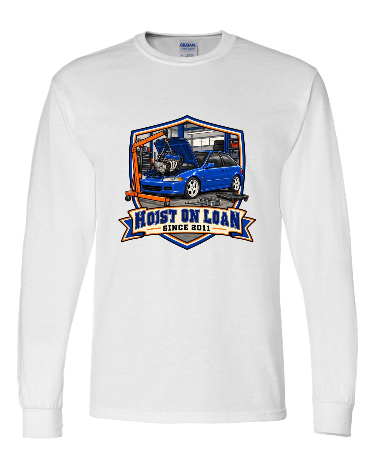 Embroidery patch style print of a 1992 Honda Civic EG6 ch with hoist on loan since 2011 text white long sleeve front view with the design