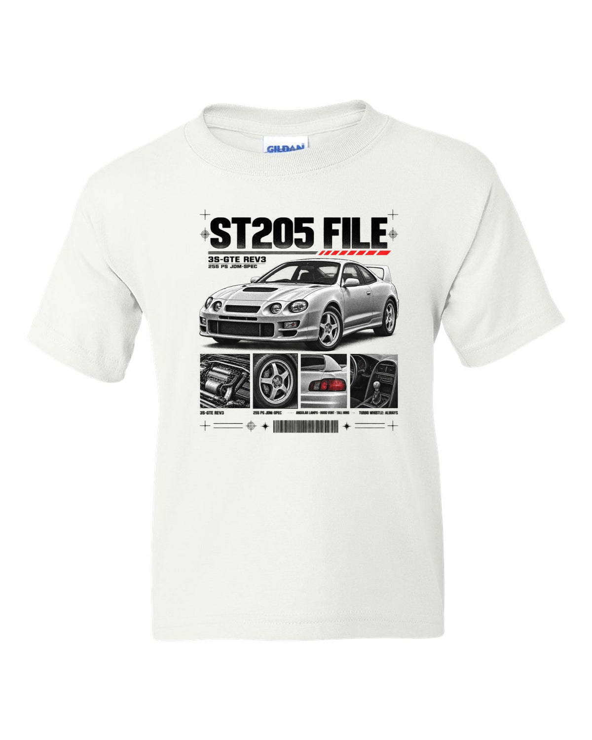 Dossier panel print of a Toyota Celica GT-Four ST205 with 3S-GTE Rev3 and 255 PS text white kids tee front view with the design