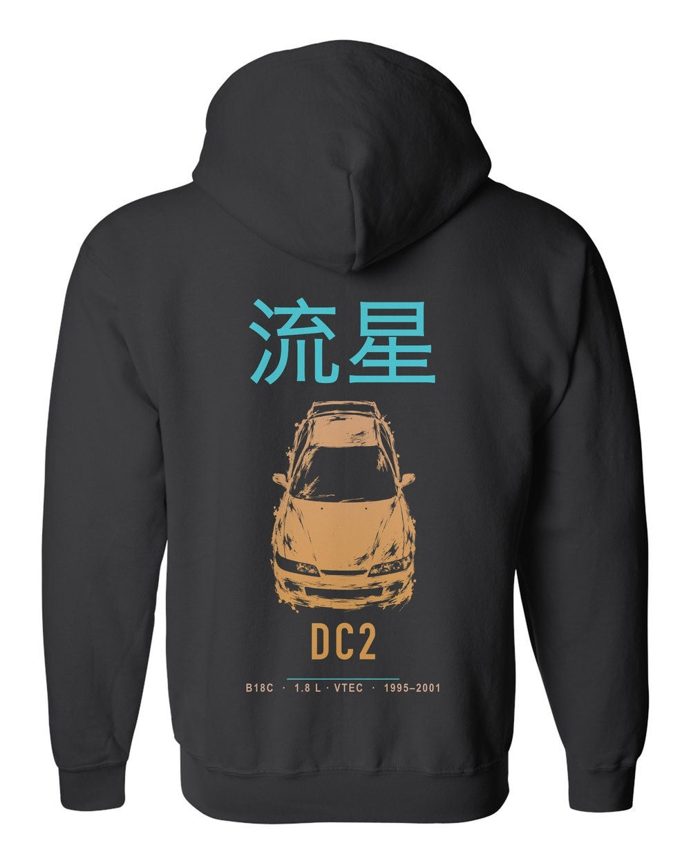 DC2 full-back artwork black zip hoodie back view with the design