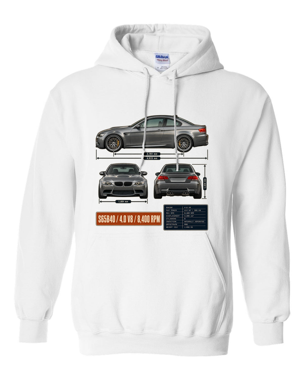 BMW M3 E92 coupe three-view drawing with S65 V8 spec table white pull over hoodie front view with the design