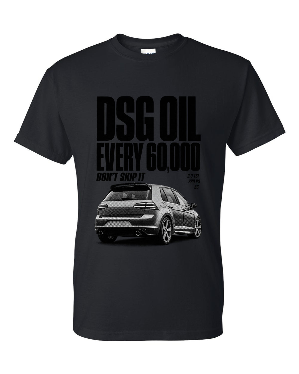 Halftone print of a VW Golf Mk7 GTI rear three-quarter with DSG oil service reminder text black t-shirt front view with the design