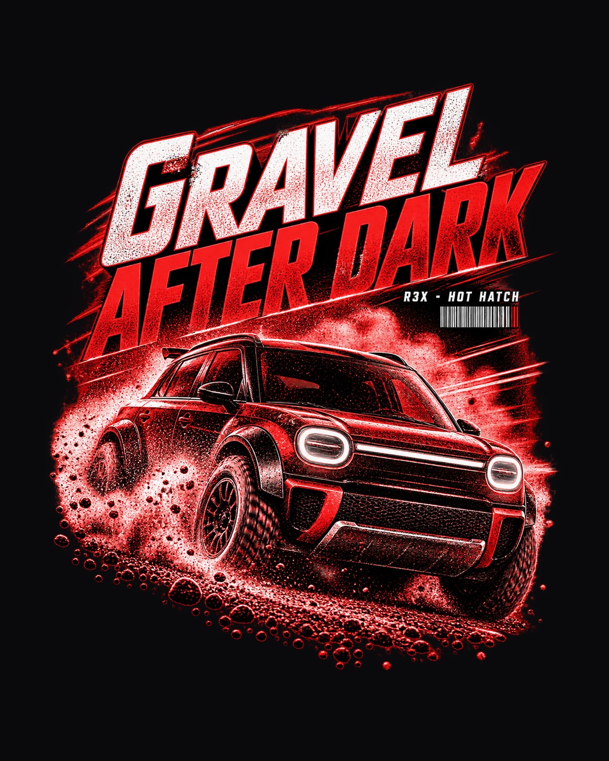 Rivian R3X Hot Hatch Gravel Night Poster Shirt, Rally Flares design only