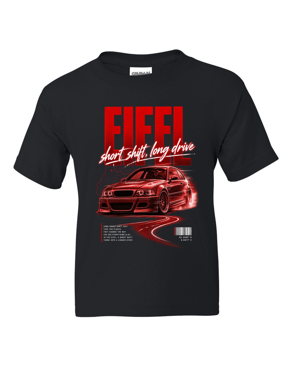 BMW E46 M3 coupe street poster print naming Eifel with short shift long drive text black kids tee front view with the design