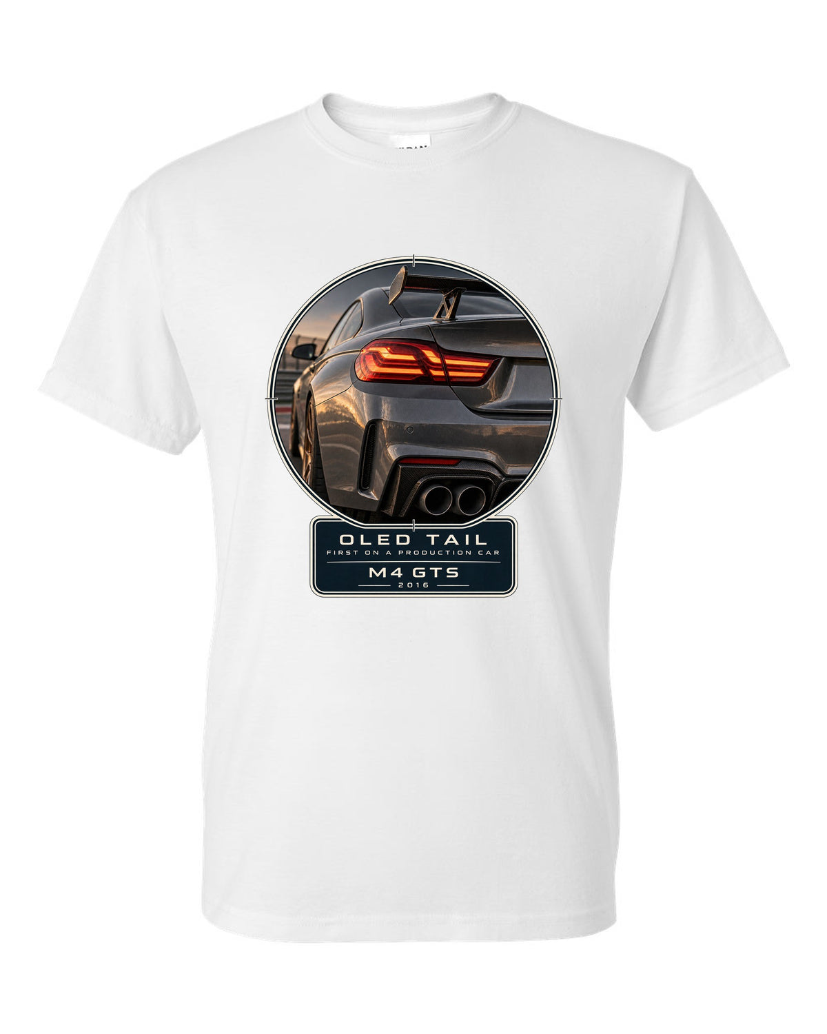 BMW M4 GTS OLED taillight macro print design white t-shirt front view with the design