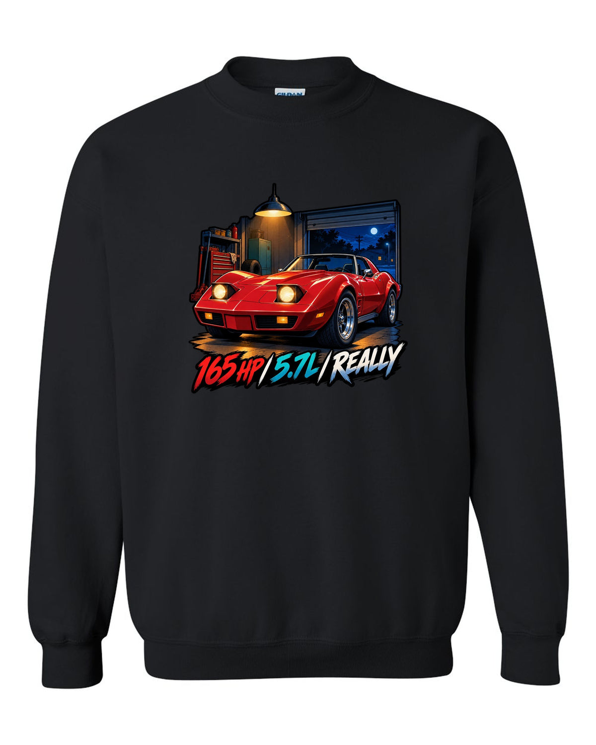 Cel-shaded anime night touge print of a 1975 Chevrolet Corvette C3 Stingray with 165 HP 5.7L lettering black crewneck front view with the design