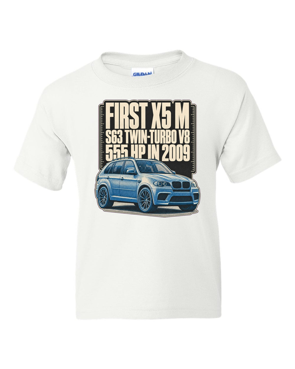 BMW X5 M E70 halftone print on a tee white kids tee front view with the design