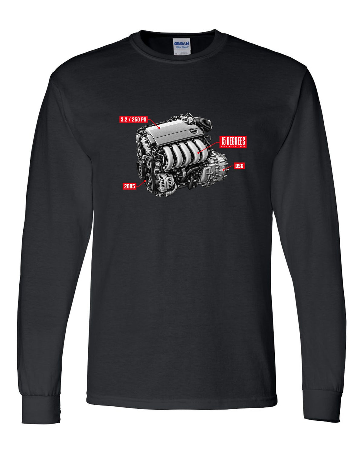 VW Golf R32 Mk5 2005 VR6 engine hero design with 15 degrees one head text black long sleeve front view with the design