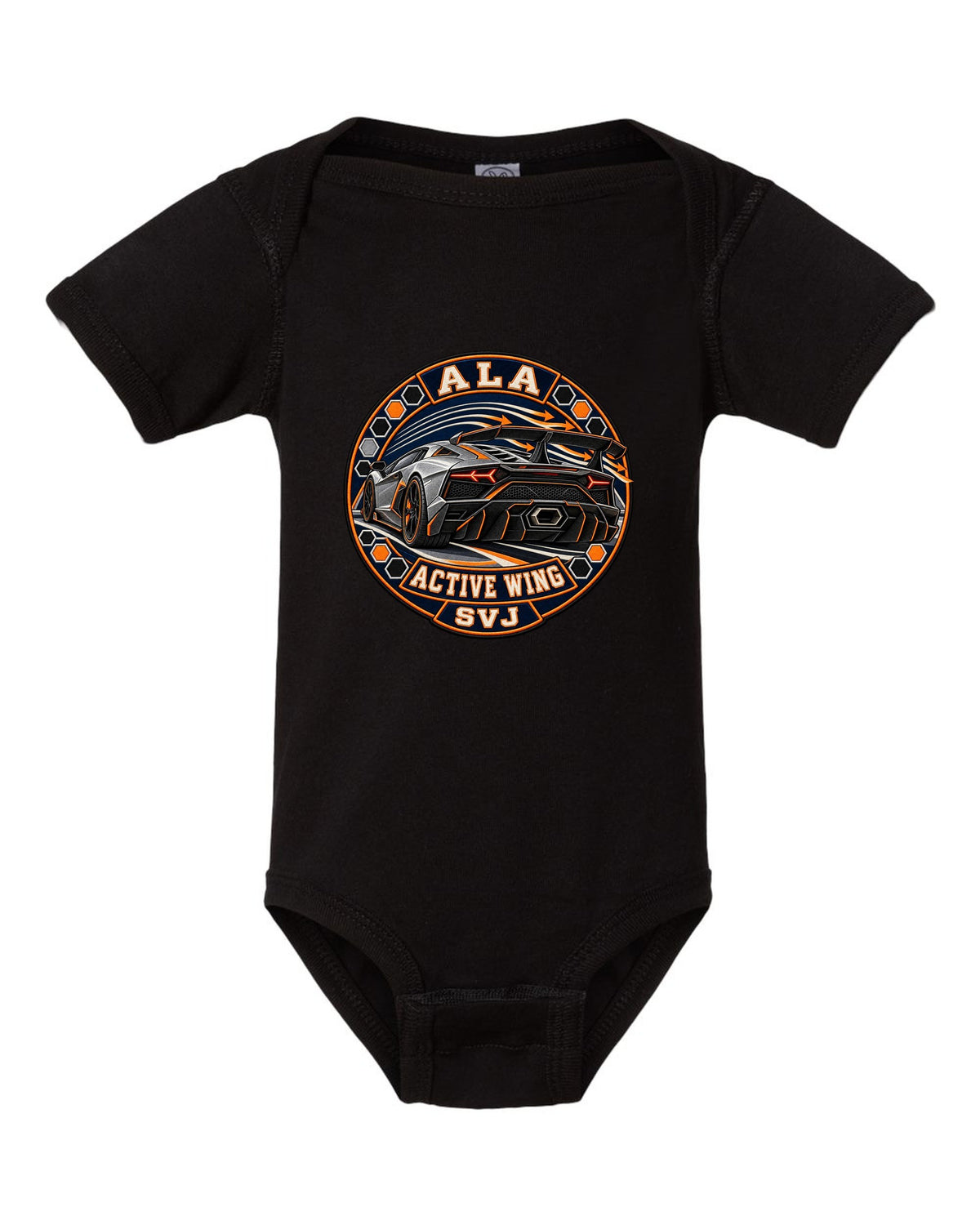 Embroidery-style round crest of a Lamborghini Aventador SVJ LP770-4 with text ALA / ACTIVE WING / SVJ black baby onesie front view with the design