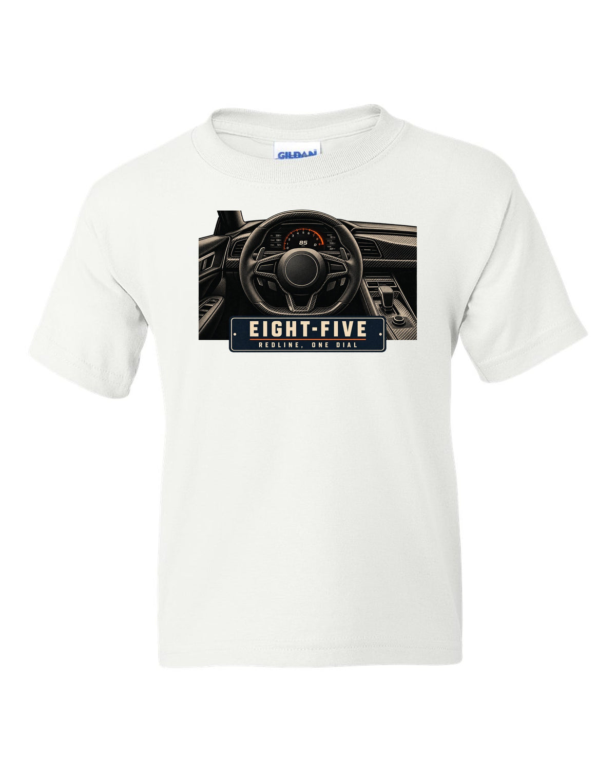 Cockpit and single dial of the Koenigsegg Jesko with carbon tub and flat dash, print white kids tee front view with the design