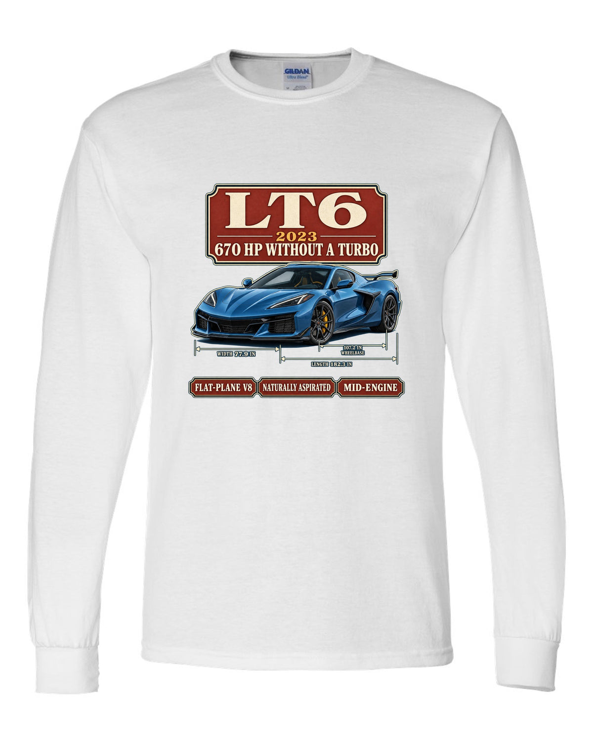 print of a Chevrolet Corvette C8 Z06 in an archive panel layout with LT6 and 670 HP text white long sleeve front view with the design
