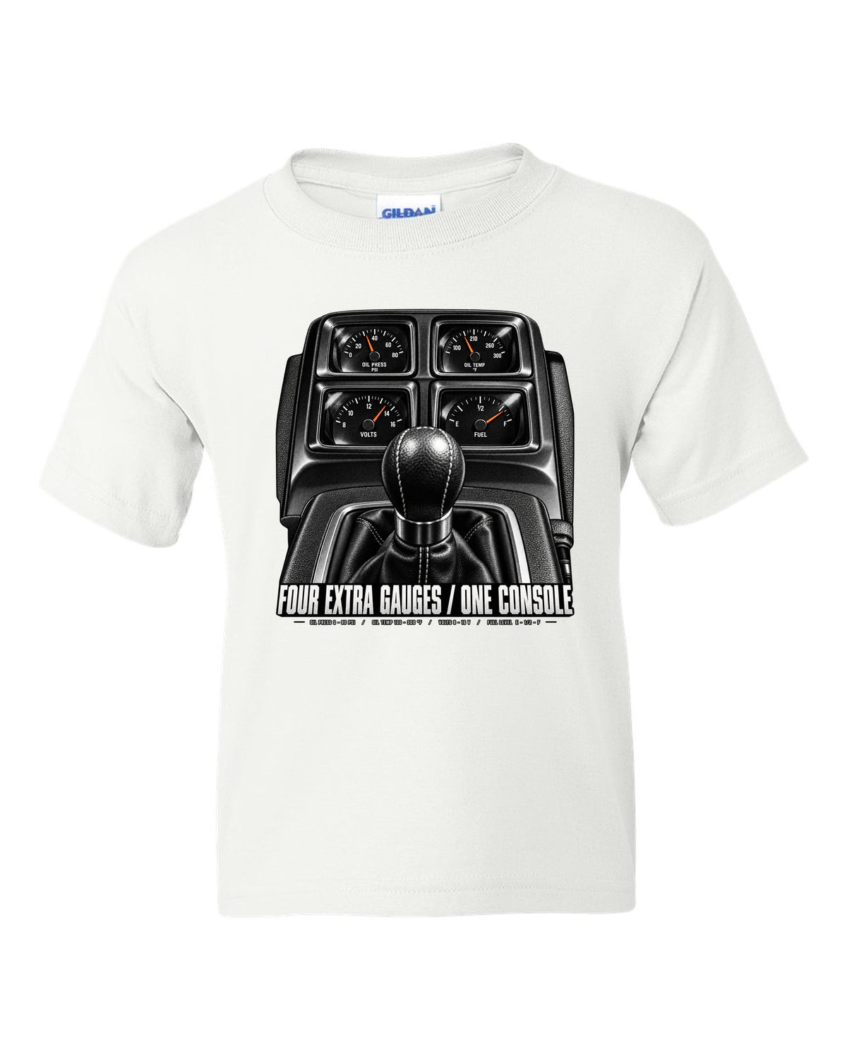 Cockpit print of a 2010 Chevrolet Camaro SS console gauge pod with four extra gauges text white kids tee front view with the design