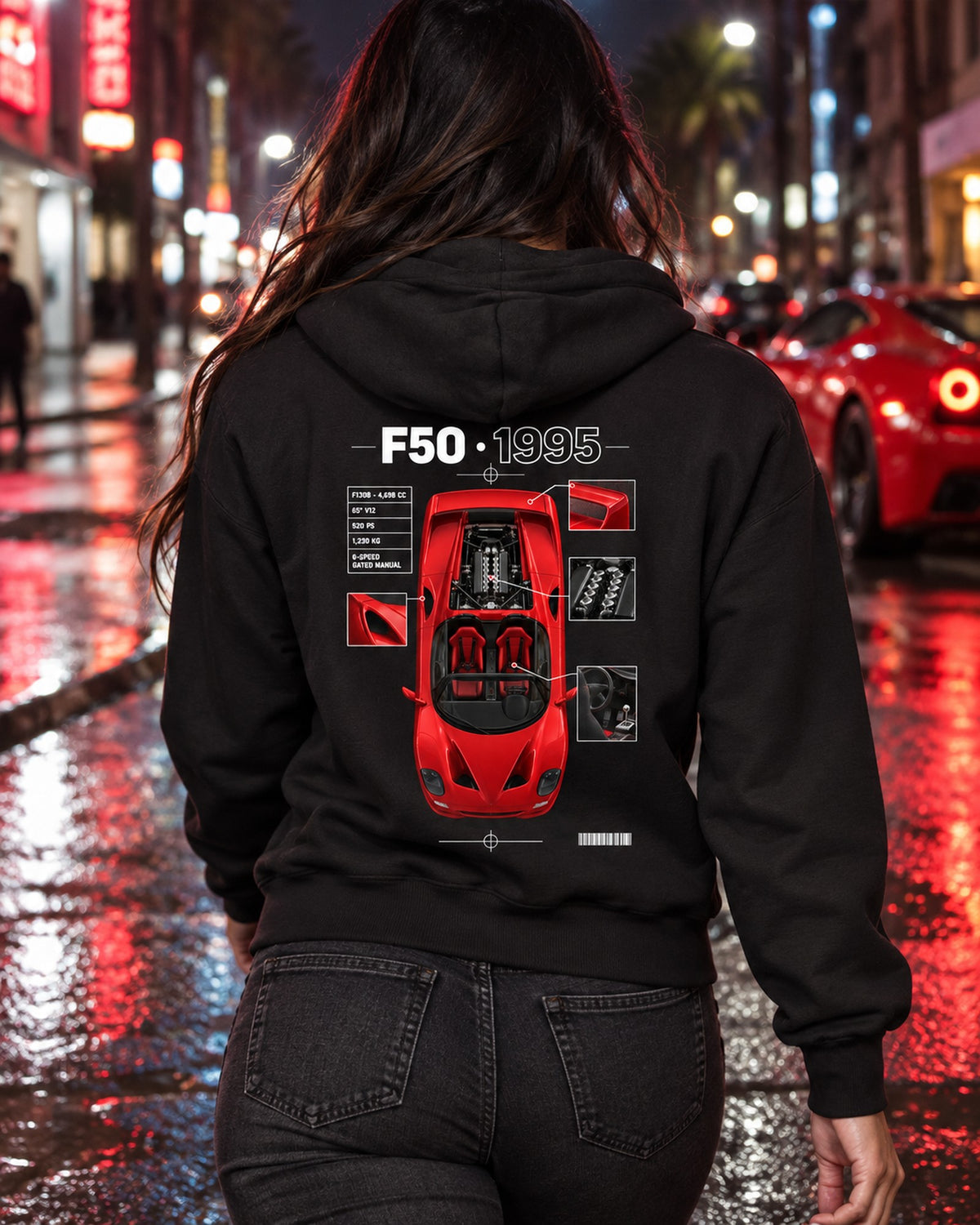 Ferrari F50 F130B Top-Down Spec Poster Tee, 65 Degree V12 Zip Hoodie Black worn hero