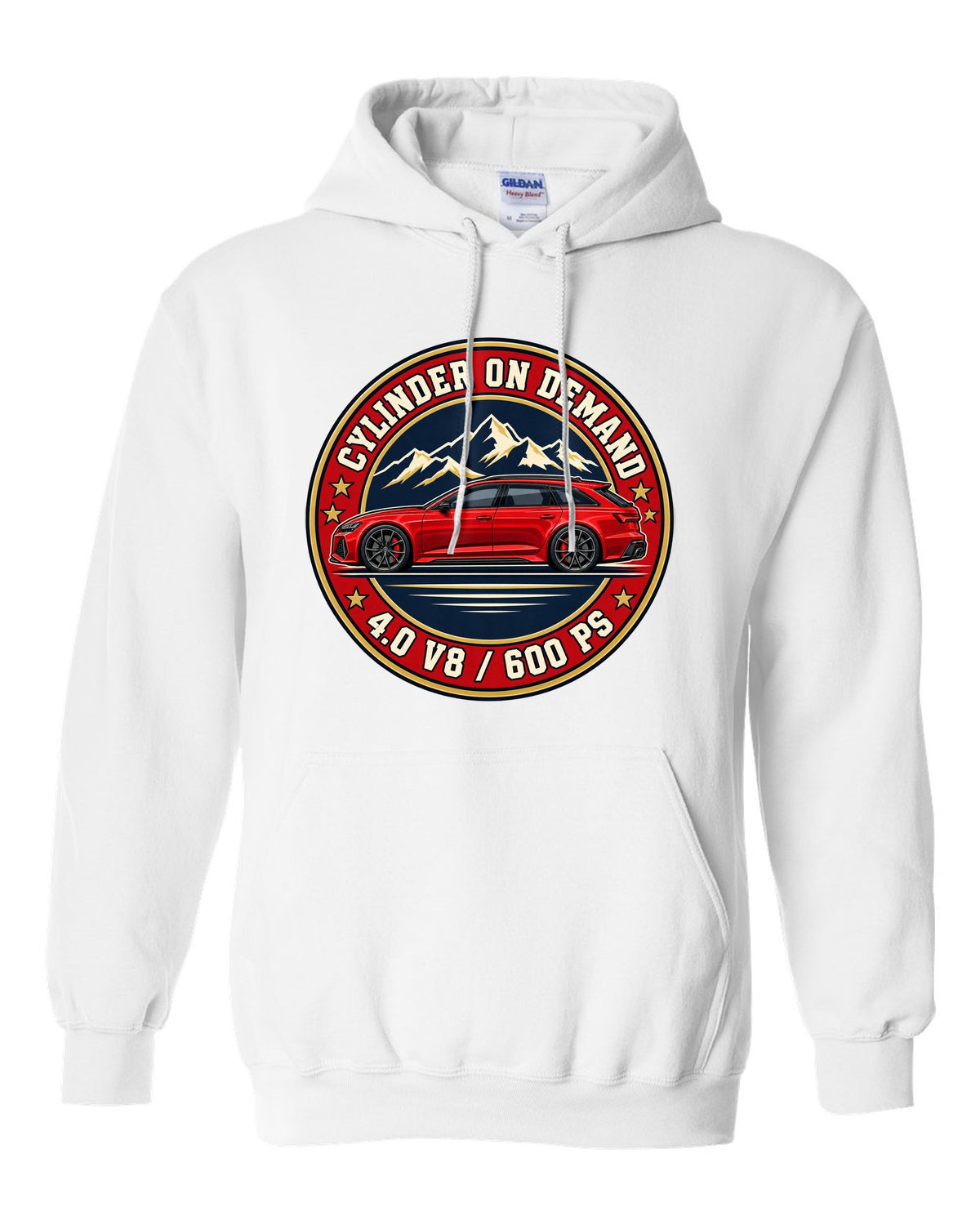 Varsity-style crest design for the Audi RS6 Avant C8 with 4.0 V8 and 600 PS lettering white pull over hoodie front view with the design