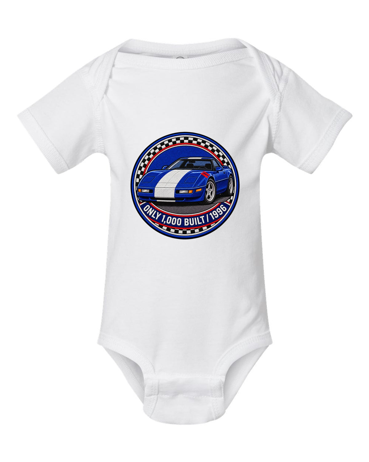 Embroidery style varsity crest print of a 1996 Chevrolet Corvette C4 Grand Sport with Only 1,000 Built text white baby onesie front view with the design
