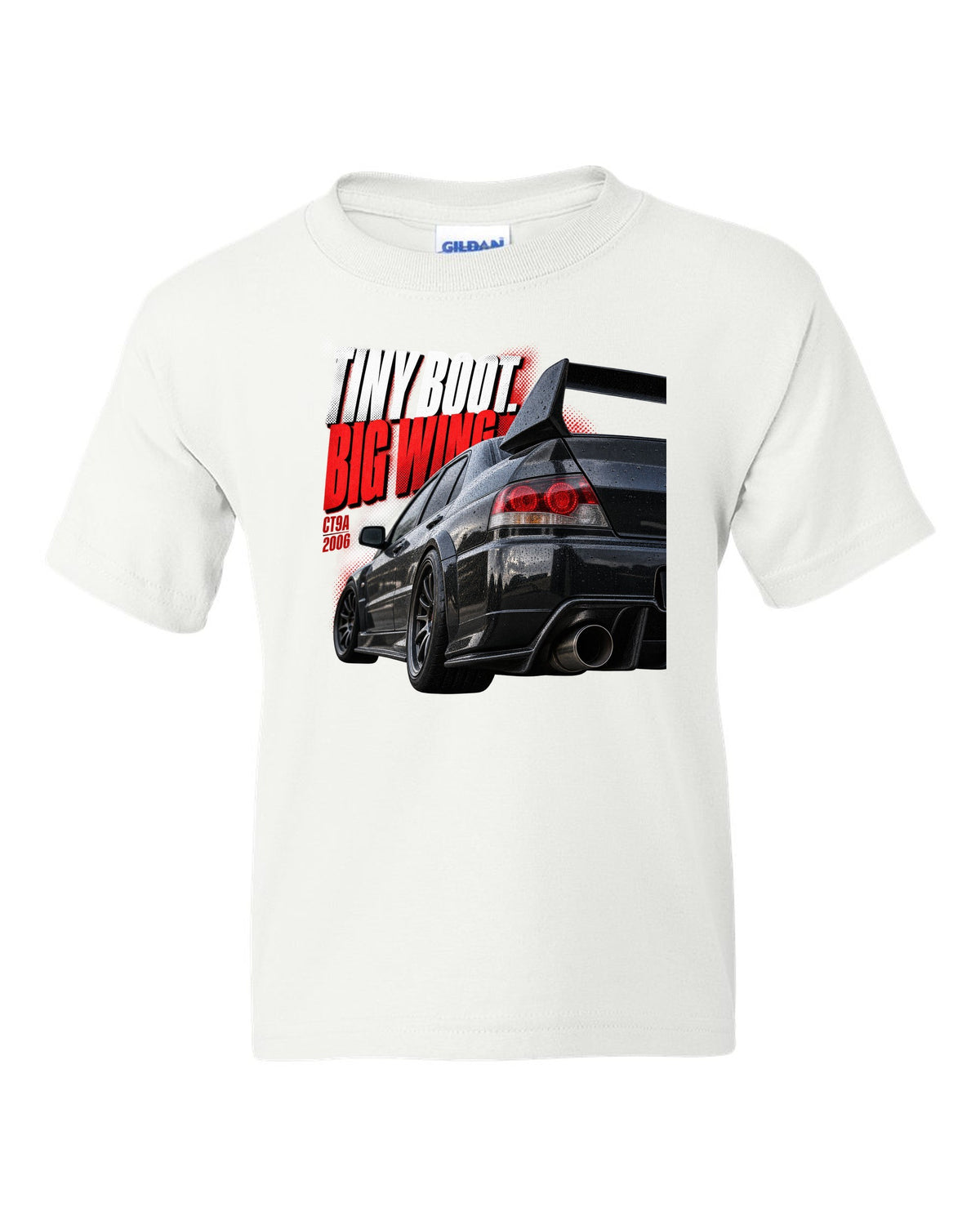 Tail macro print for the Mitsubishi Lancer Evolution IX CT9A reading Tiny Boot, Big Wing, CT9A, 2006 white kids tee front view with the design