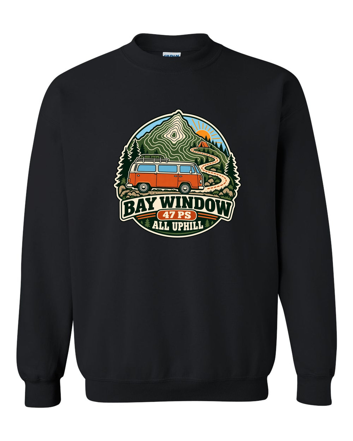 Topographic route map style print of a VW Bus T2 Bay Window with 47 PS all uphill text black crewneck front view with the design