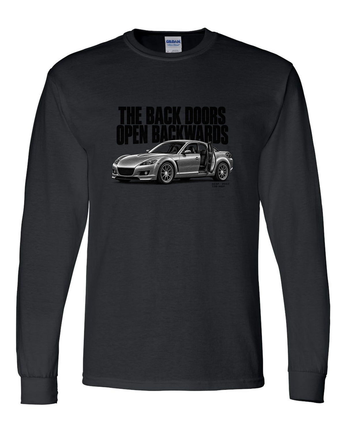Halftone print of a Mazda RX-8 SE3P with back doors lettering black long sleeve front view with the design