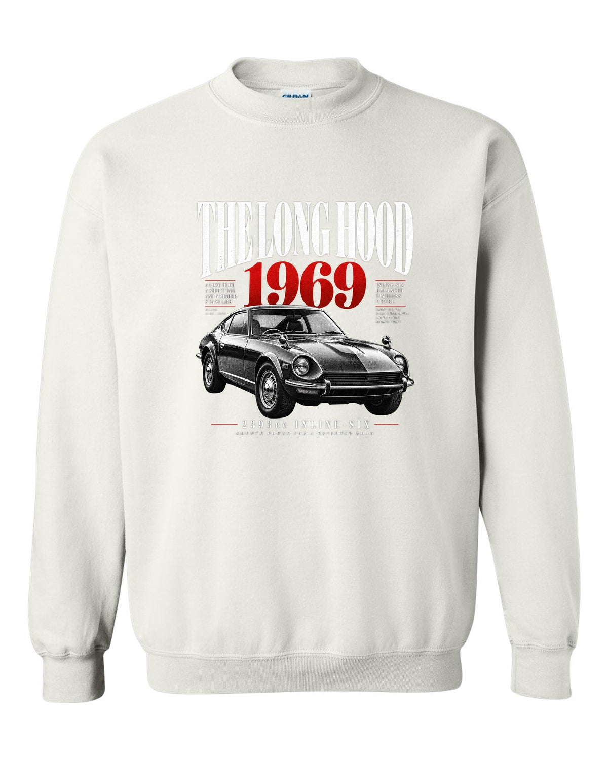 print of a Datsun 240Z HLS30 with editorial headline about the long hood and 2393cc inline-six white crewneck front view with the design