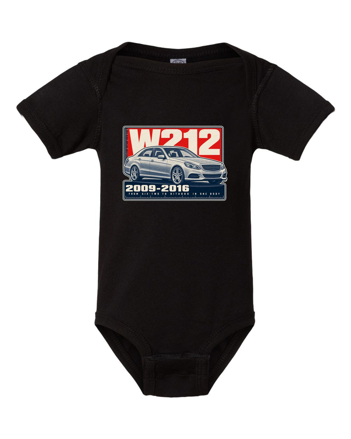Halftone print of a Mercedes-AMG E63 W212 sedan black baby onesie front view with the design