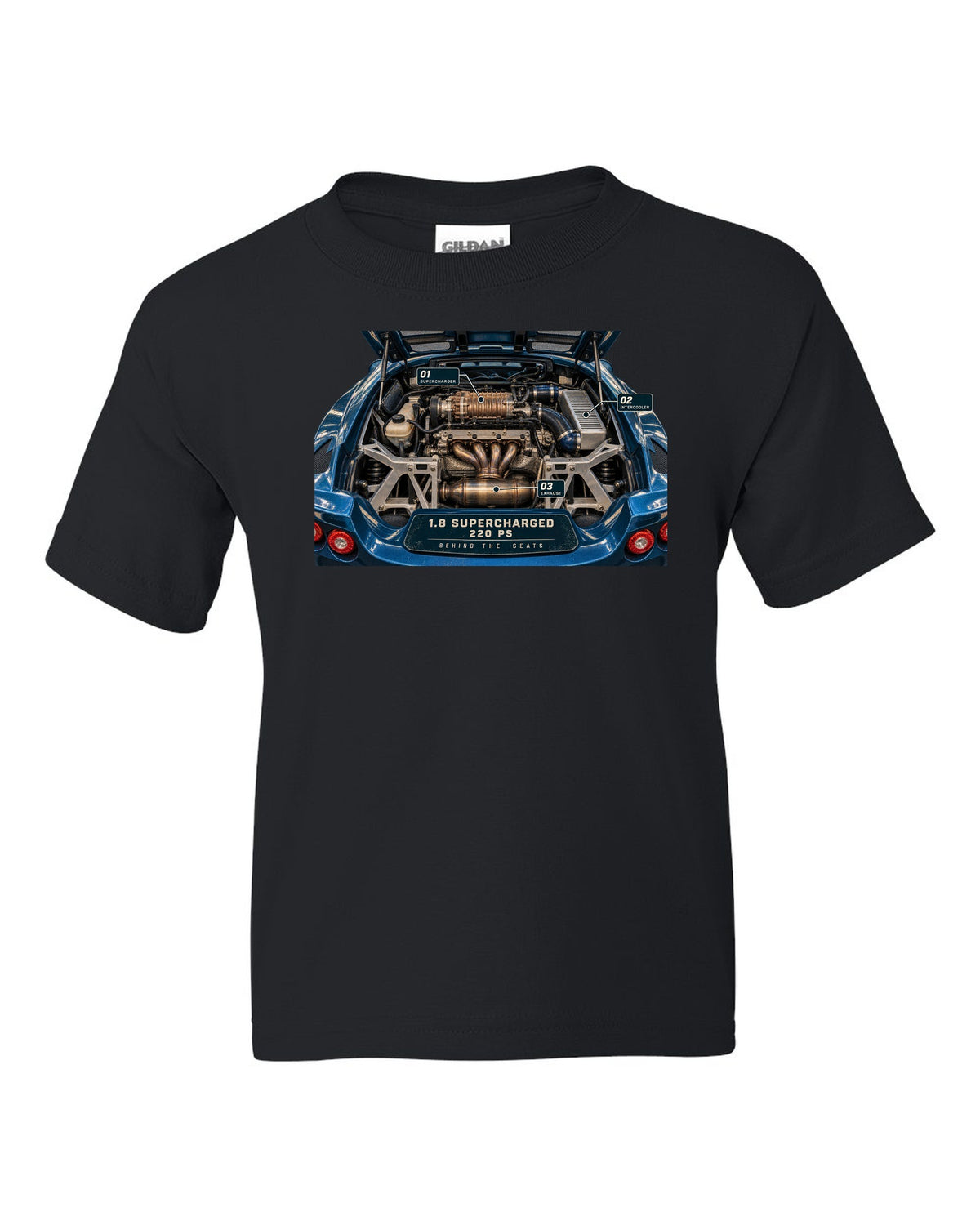Lotus Exige S 2004 to 2011 supercharged four engine bay print with 1.8 supercharged 220 PS text black kids tee front view with the design