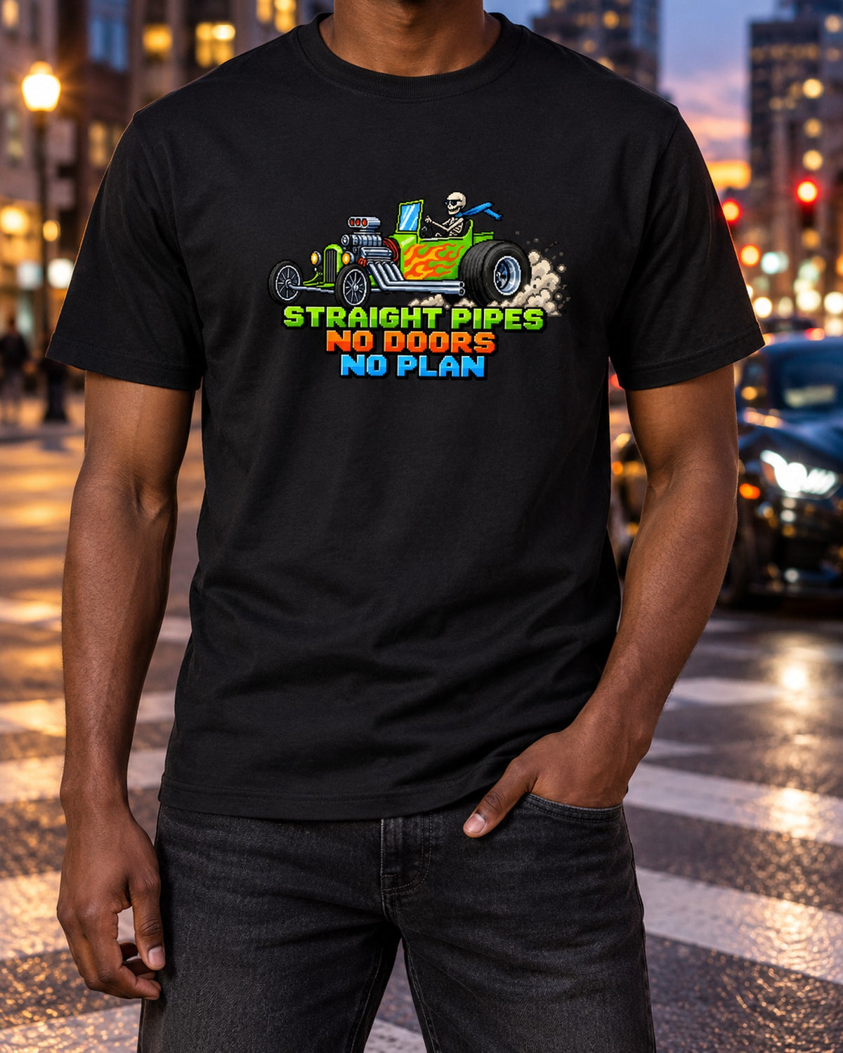 Ford T-Bucket Straight Pipes No Doors No Plan Pixel Art Shirt T-Shirt Black worn hero