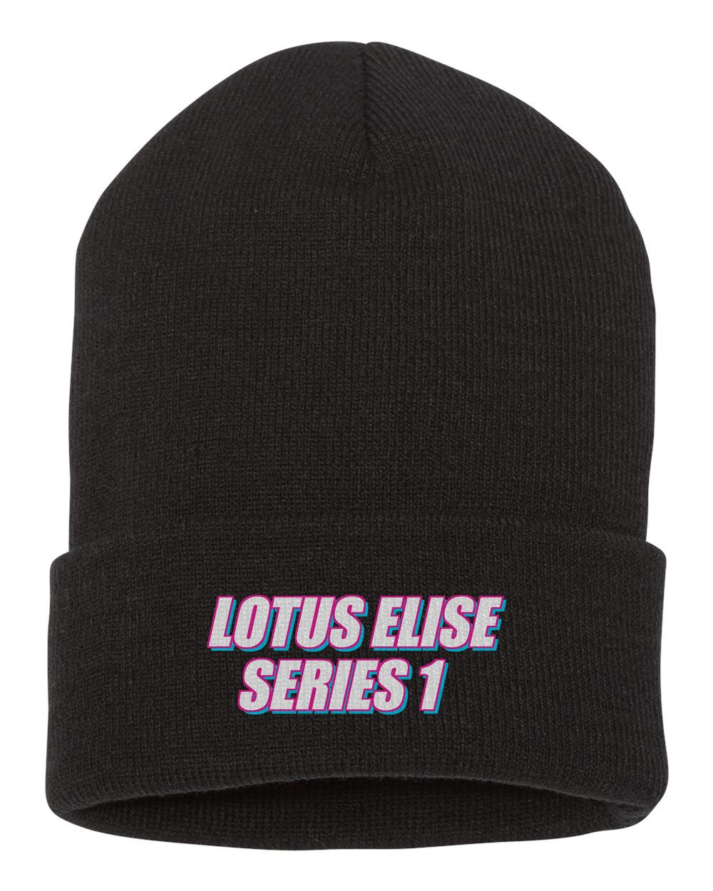 Lotus Elise Series 1 black beanie front view with car name