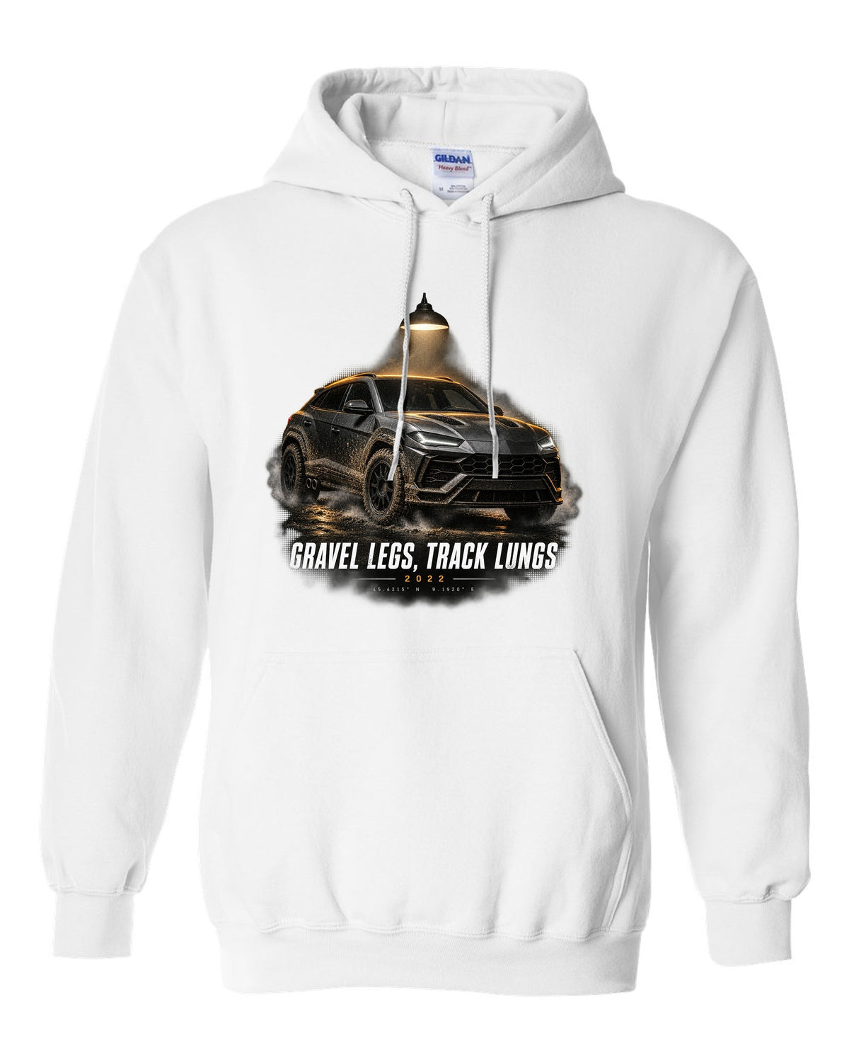 Lamborghini Urus Performante 2022 garage night print, gravel legs track lungs white pull over hoodie front view with the design