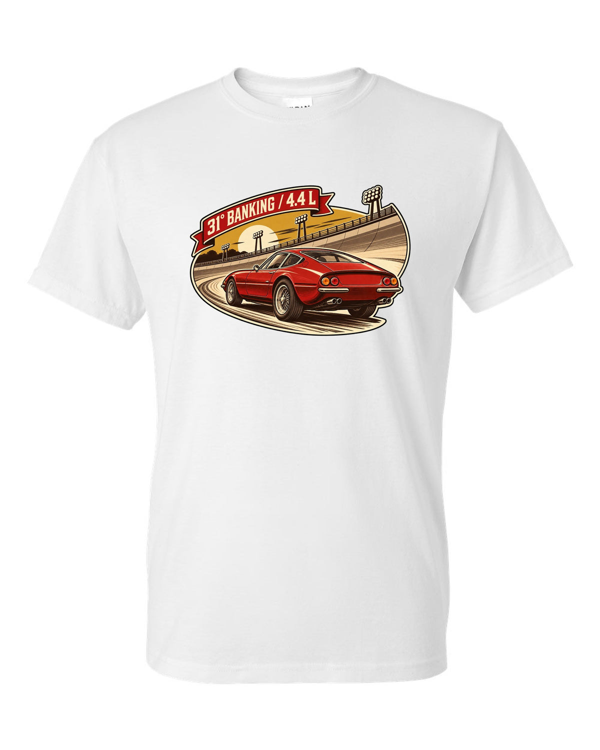 Sepia retro race-programme illustration of three Ferrari 365 GTB/4 Daytonas on banking white t-shirt front view with the design