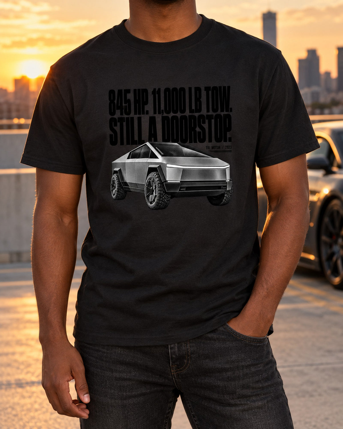 Cybertruck Cyberbeast Halftone Shirt, 845 HP Joke Tee T-Shirt Black worn hero