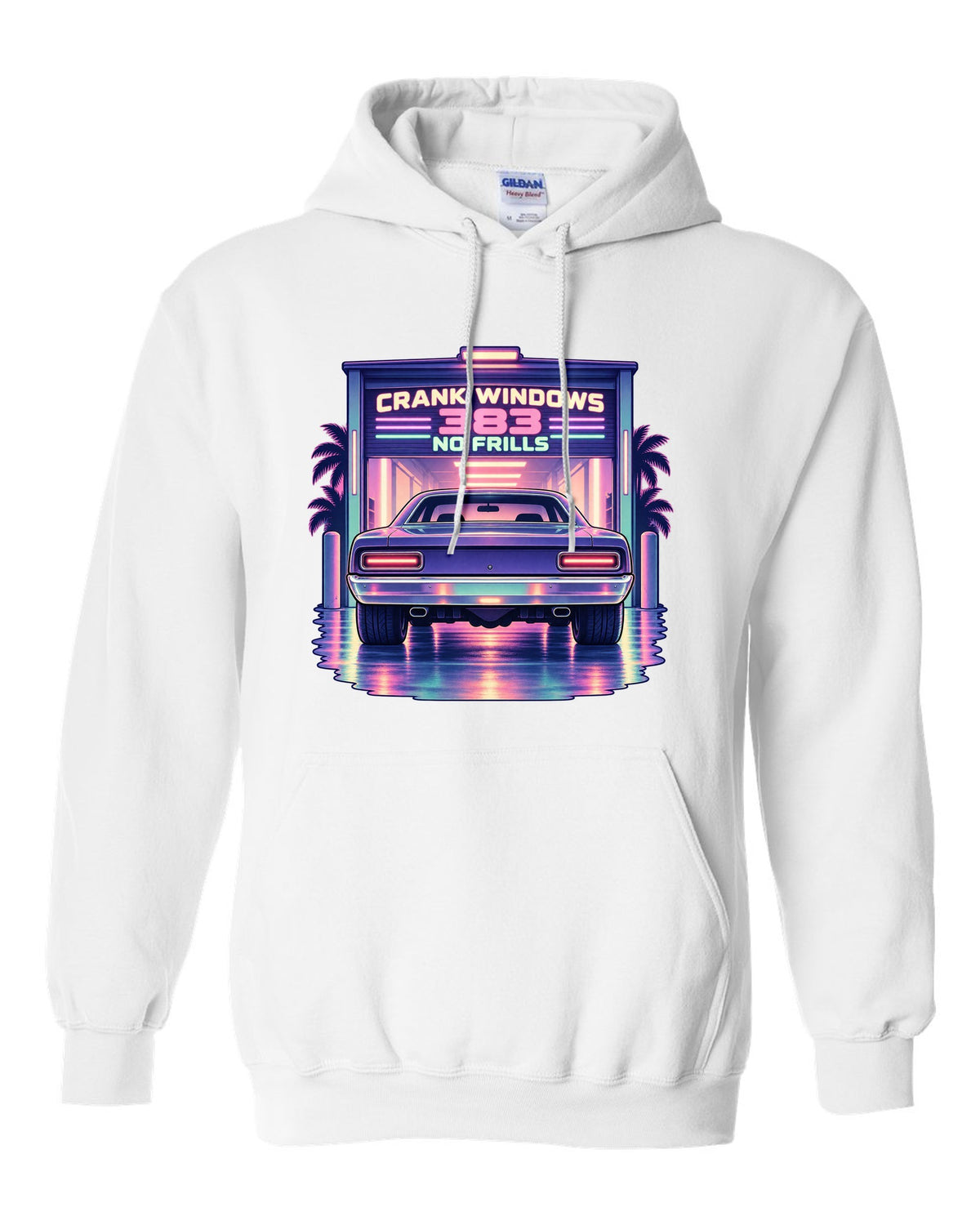Vaporwave pastel night garage with a 1970 Plymouth Road Runner and 383 no frills lettering white pull over hoodie front view with the design
