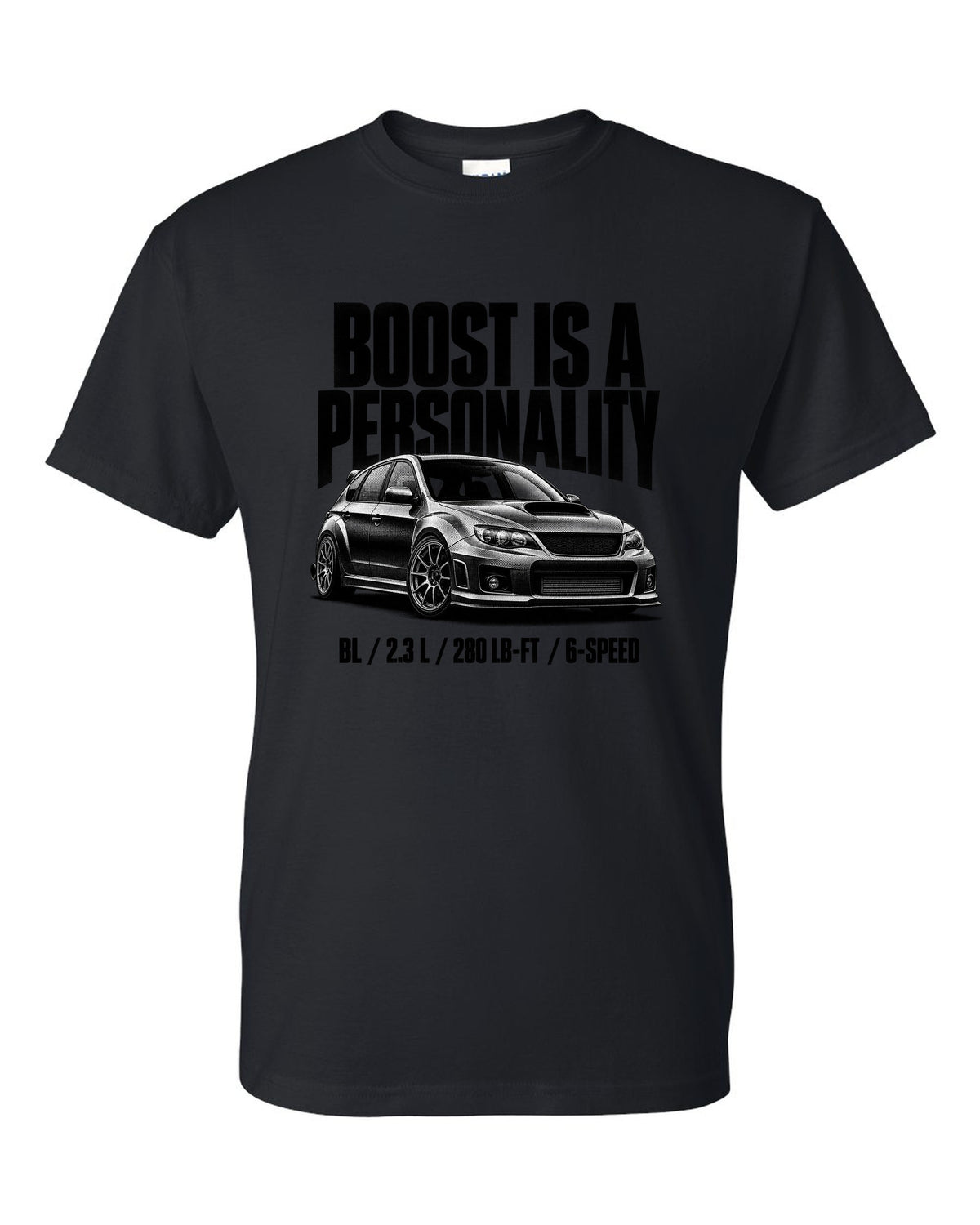 Halftone carbon print of a Mazdaspeed3 BL with boost lettering black t-shirt front view with the design