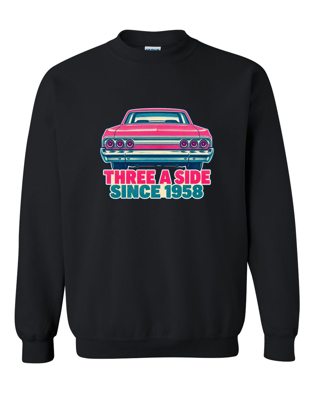 Two-colour risograph print of a 1964 Chevrolet Impala with its triple taillights black crewneck front view with the design