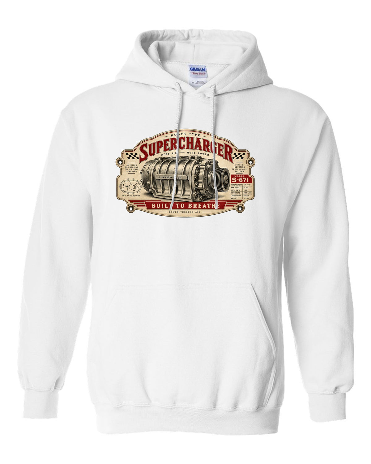 Spec-sheet data plate art of a 2023 Ford F-150 Raptor R P702 with 5.2 SUPERCHARGED 720 HP notes white pull over hoodie front view with the design