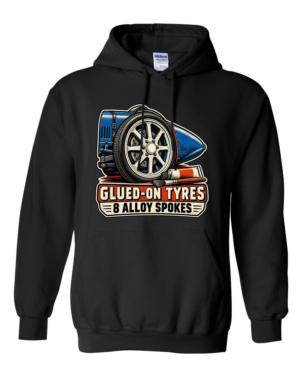 Linocut style print of a Bugatti Type 35 eight-spoke alloy wheel with glued-on tyres lettering black pull over hoodie front view with the design