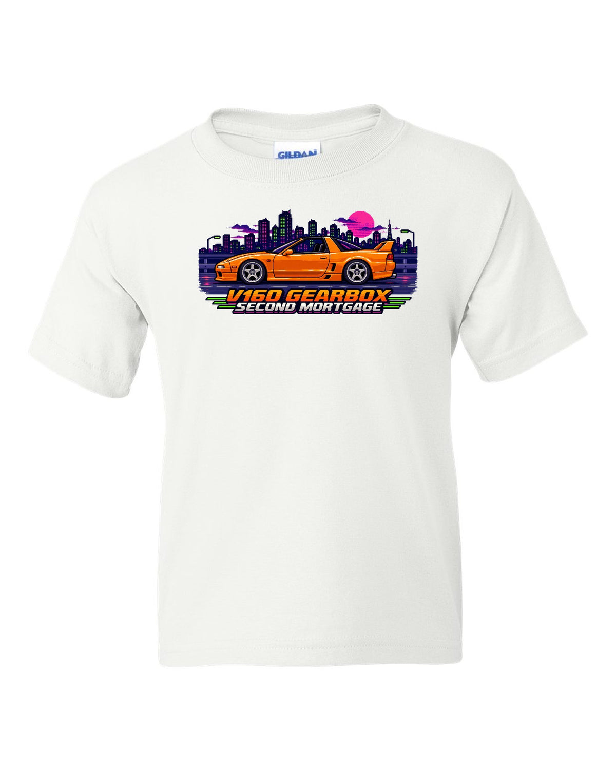16-bit pixel art print of a Toyota Supra JZA80 with V160 gearbox second mortgage lettering white kids tee front view with the design