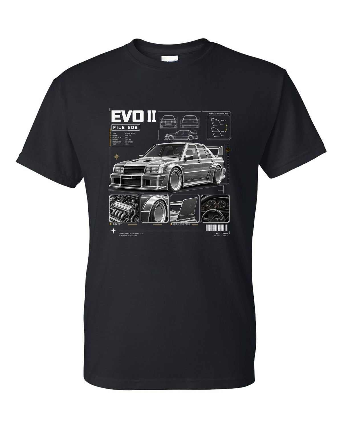 print dossier panels of a Mercedes 190E Evolution II W201 listing file 502, 2.5L 16V and wing positions black t-shirt front view with the design