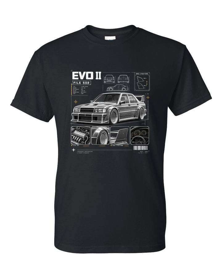 print dossier panels of a Mercedes 190E Evolution II W201 listing file 502, 2.5L 16V and wing positions black t-shirt front view with the design