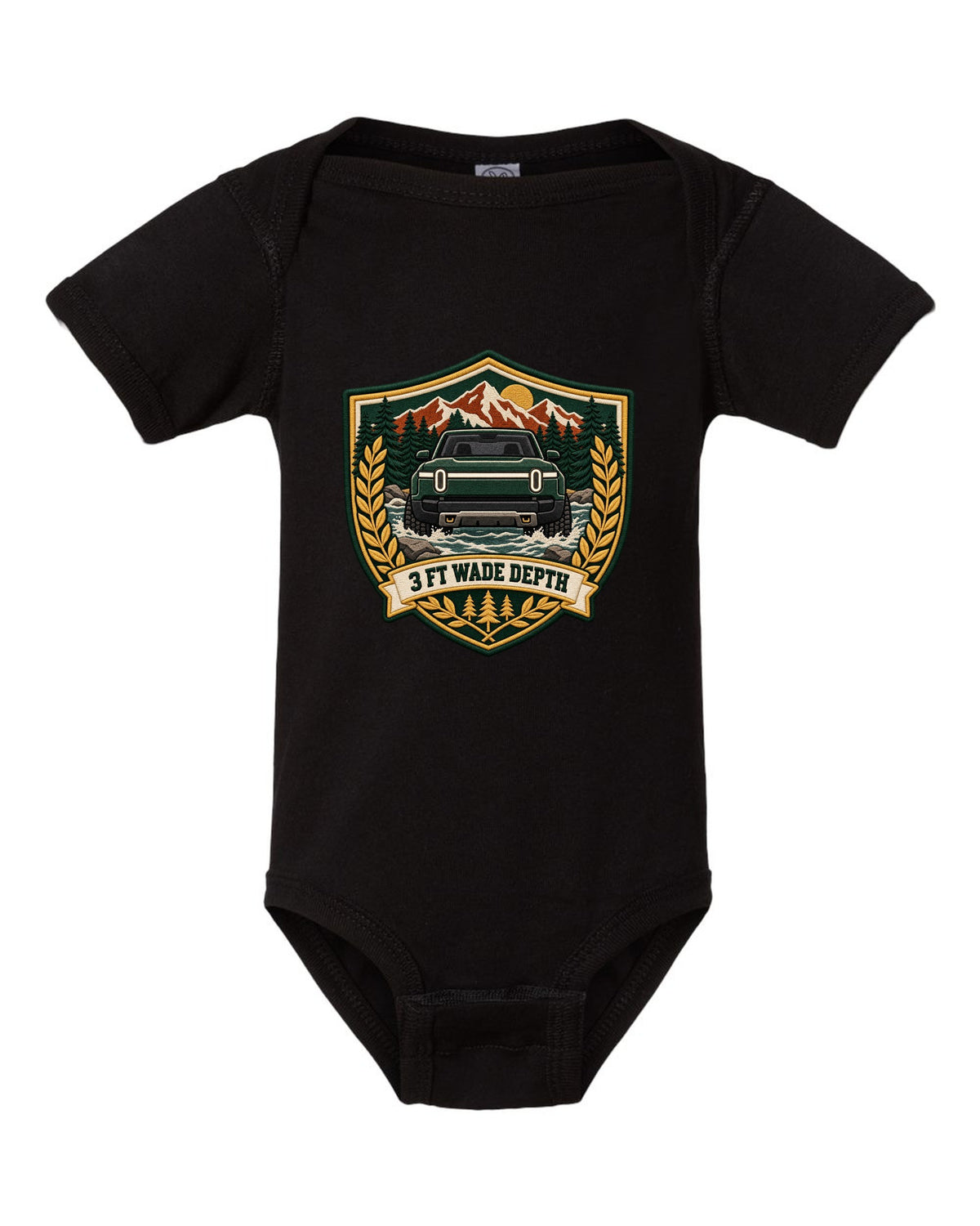 Rivian R1T varsity shield crest print with the text 3 ft wade depth black baby onesie front view with the design