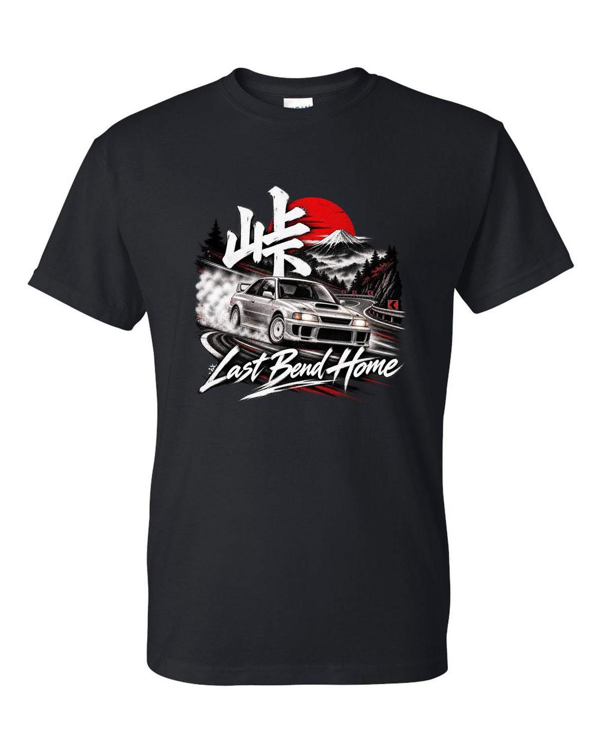 Subaru Impreza WRX GC8 coupe at a night touge bend with Last Bend Home text black t-shirt front view with the design