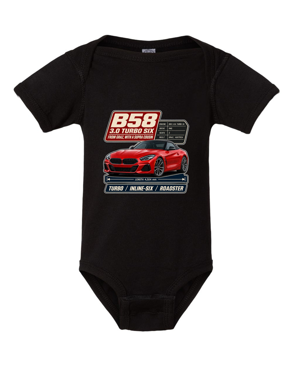 Spec poster print of the BMW Z4 M40i with B58 3.0 turbo six notes black baby onesie front view with the design