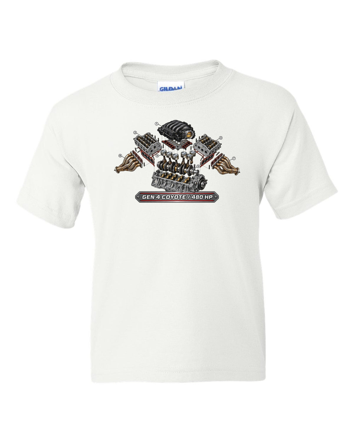 Isometric exploded cutaway engine print of a 2024 S650 Mustang 5.0 Gen 4 Coyote V8 white kids tee front view with the design