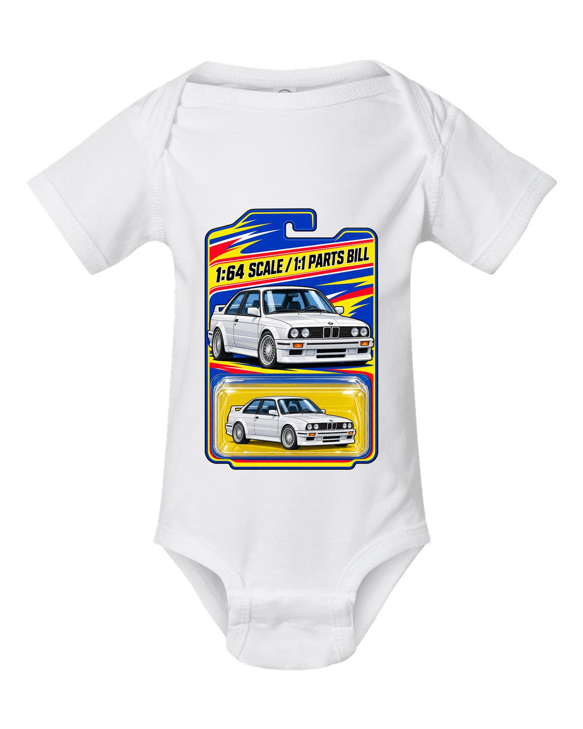 Vaporwave pastel print of a BMW E30 M3 slicktop with roof leaks not included text white baby onesie front view with the design